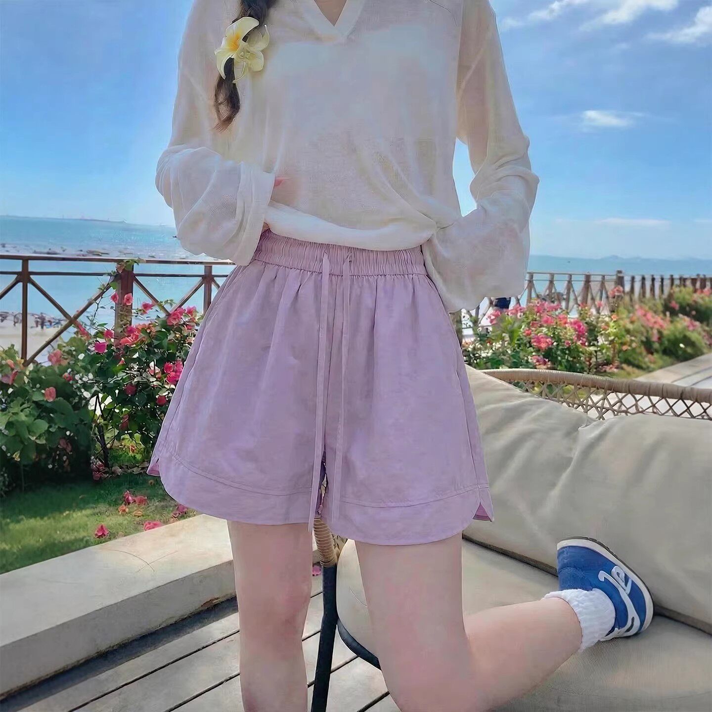 紫色运动短裤女外穿夏季2026新款慵懒宽松胖mm大码冰丝速干五分裤