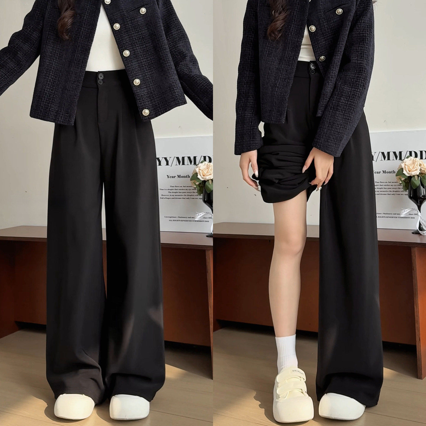 水晶麻阔腿裤女春秋2026小个子大码西裤直筒黑色高级感垂感西装裤