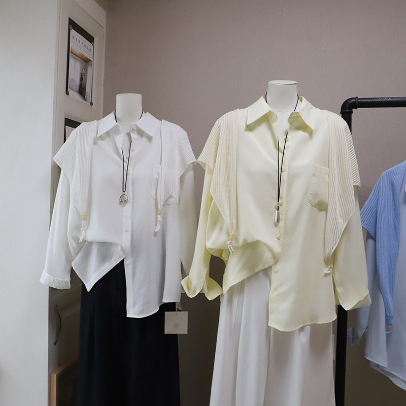 [比正]2026春季新款韩版时尚气质显瘦中长款衬衫+针织披肩女6013