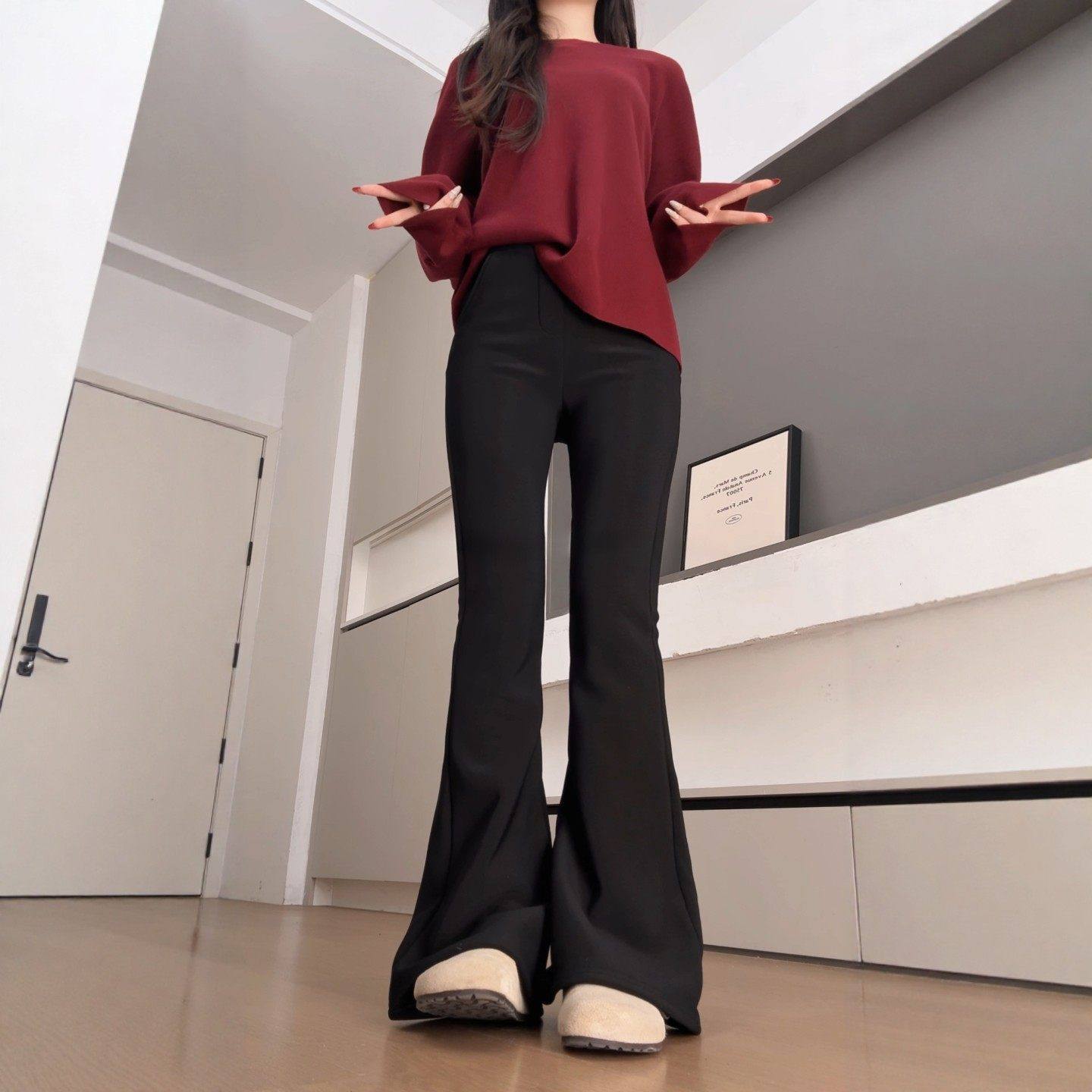 微喇叭裤女春秋2026新款大码胖mm小个子梨形身材显瘦黑色西装裤子