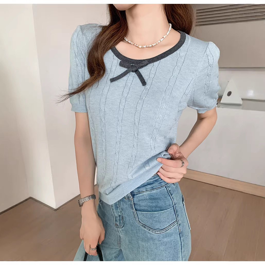 法式蝴蝶结撞色针织衫短袖T恤女2026春夏季新款圆领气质女式上衣