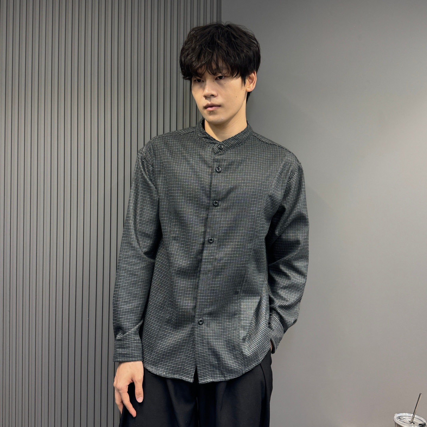 千鸟格立领衬衫男长袖商务休闲免烫简单圆领新中式氛围感白色衬衣