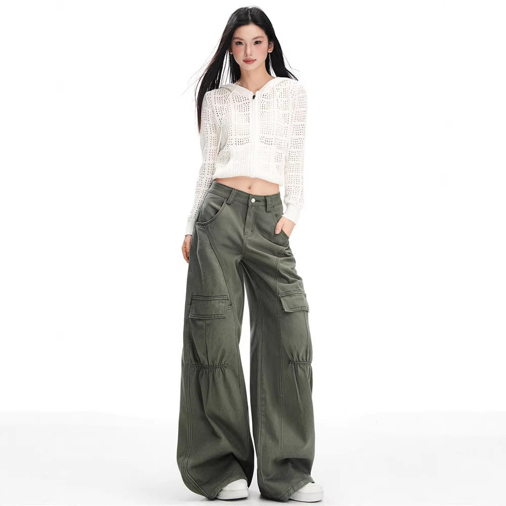 萝卜大叔设计感工装牛仔裤女2026春秋大口袋休闲裤高腰宽松阔腿裤