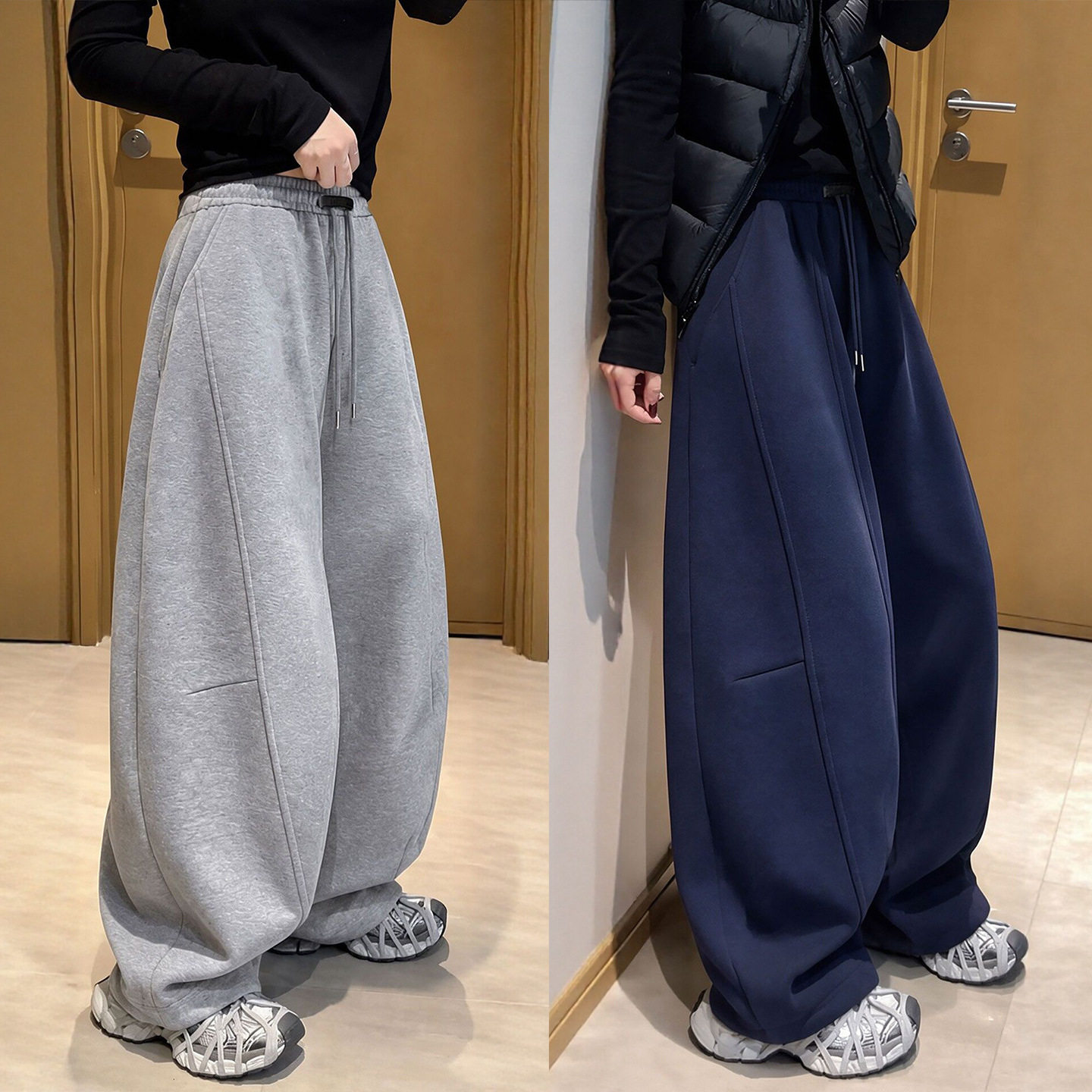 黑色加绒弯刀运动裤女裤秋冬季2026新款宽松显瘦休闲运动裤阔腿裤