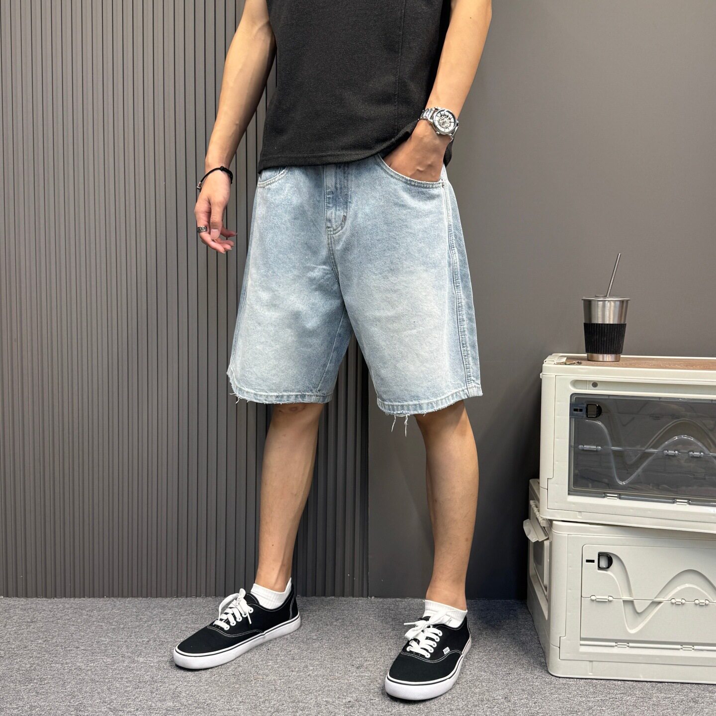 简约男士牛仔短裤夏季韩版休闲宽松直筒五分裤痞帅男装百搭沙滩裤