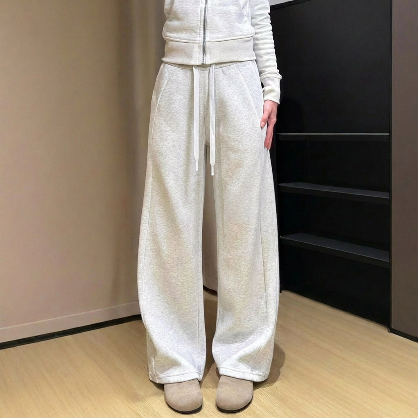 美式运动裤女秋冬季新款灰色加绒卫裤休闲直筒小个子窄版阔腿裤子