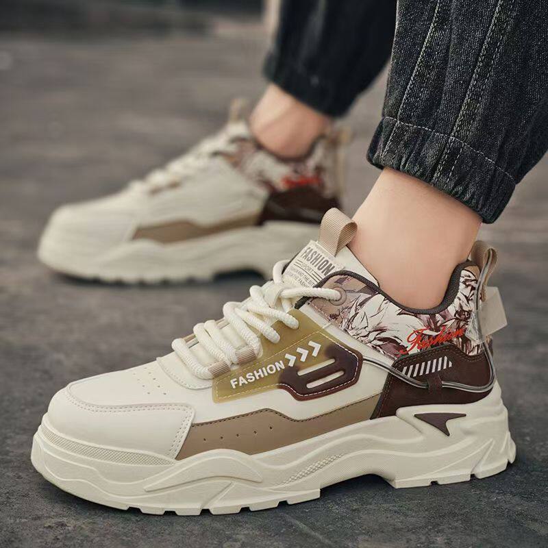 男鞋2026春季新款皮面透气休闲运动板鞋青少年厚底增高防滑工装鞋