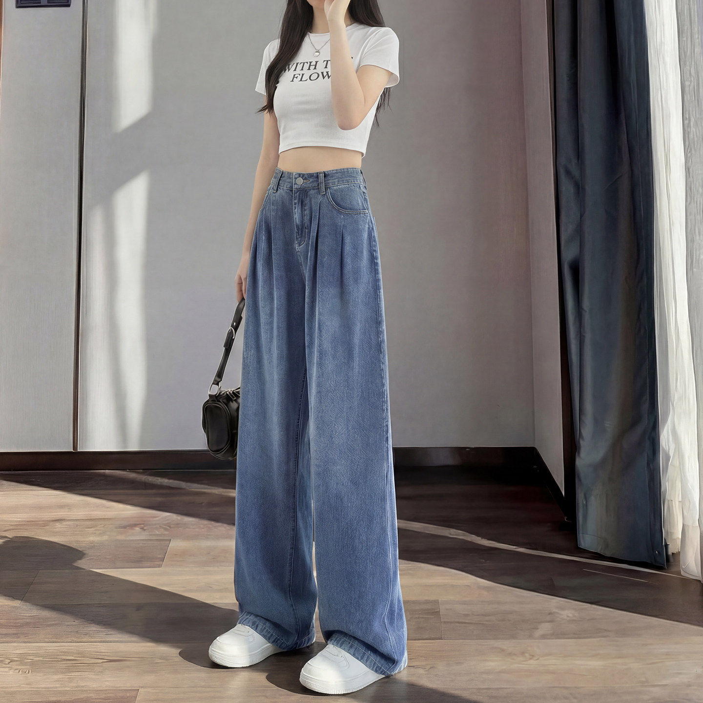 直筒牛仔裤女夏季薄款莱赛尔天丝大码胖mm宽松窄版高腰冰丝阔腿裤