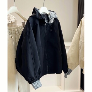 春秋新款韩系连帽冲锋衣外套女小个子短款拼接格子袖夹克宽松上衣