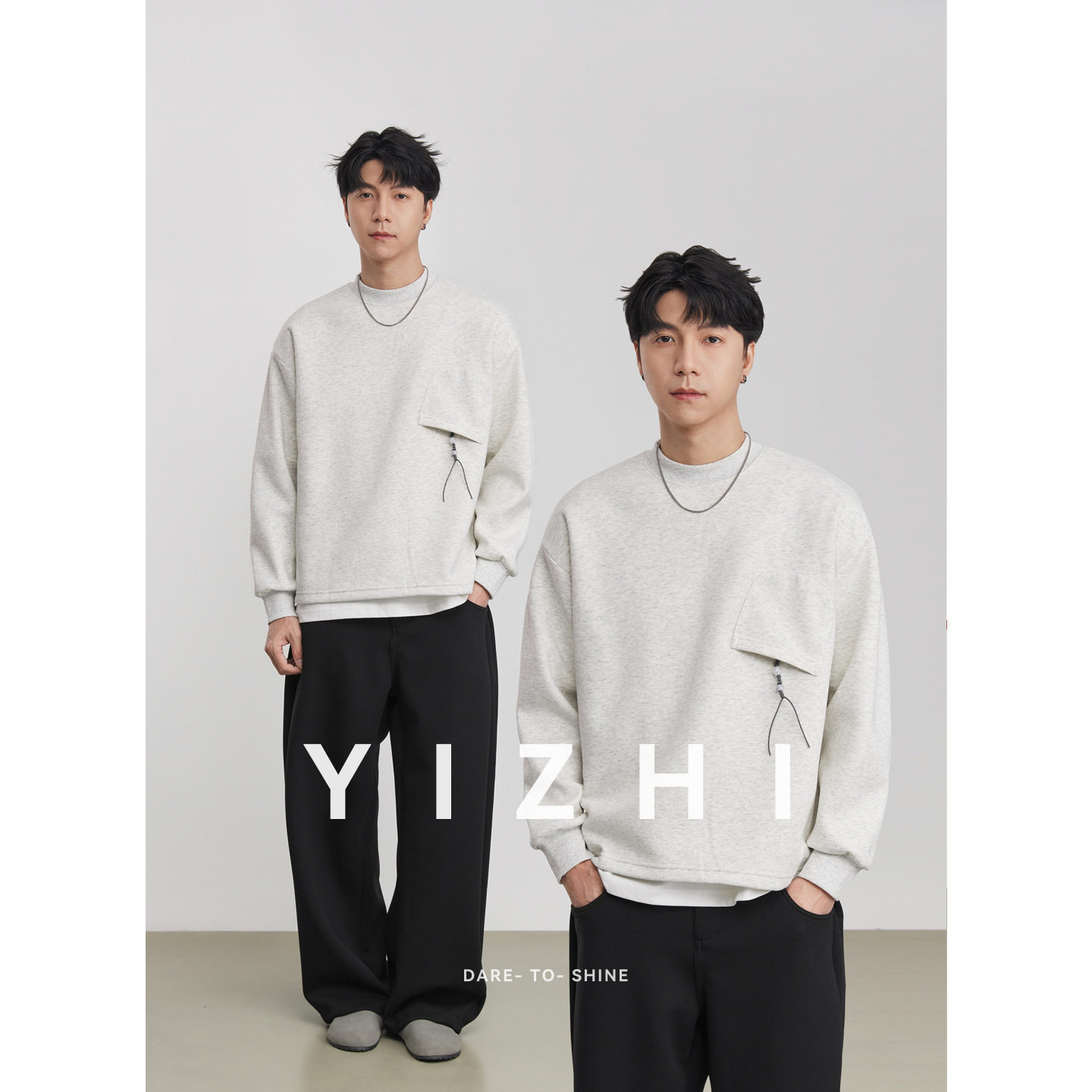 亦止日系假两件卫衣男春季宽松重磅330g上衣时尚抽绳口袋潮牌男装