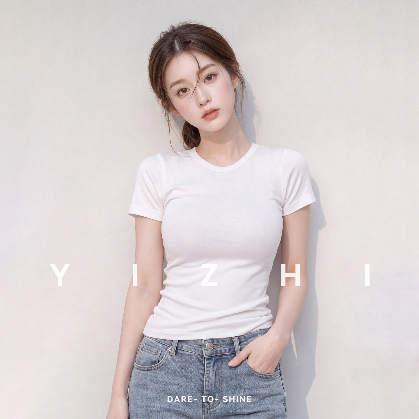 亦止纯色圆领正肩短袖T恤女夏季修身基础款打底衫百搭显瘦上衣