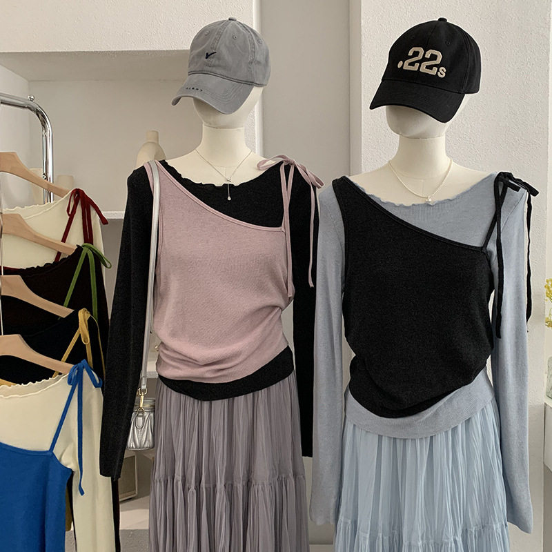 欧玛莱 斜肩绑带纯色背心+波浪边亲肤长袖针织衫两件套上衣女6367