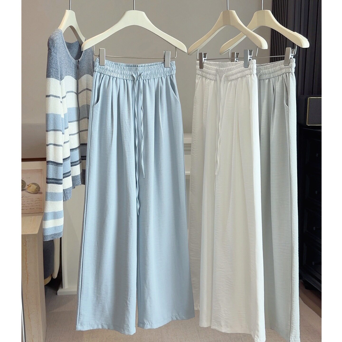 春夏季bf慵懒风蓝色奶芙山本裤女新款薄休闲垂感防晒宽松阔腿裤子