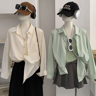 两件套女 欧玛莱 衬衫 单排扣中长款 6008 彩色吊带叠搭翻领纯色长袖