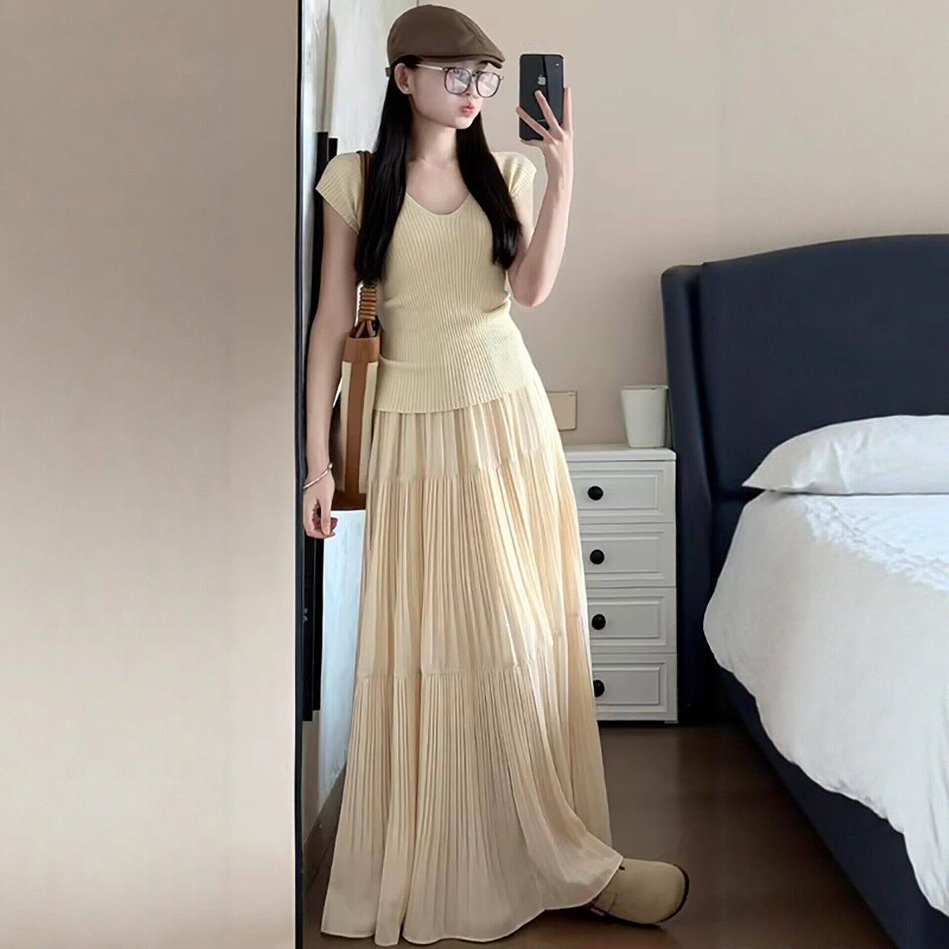 雪纺压褶半身裙女春夏季高腰a字垂坠感网纱裙中长款温柔蛋糕裙子