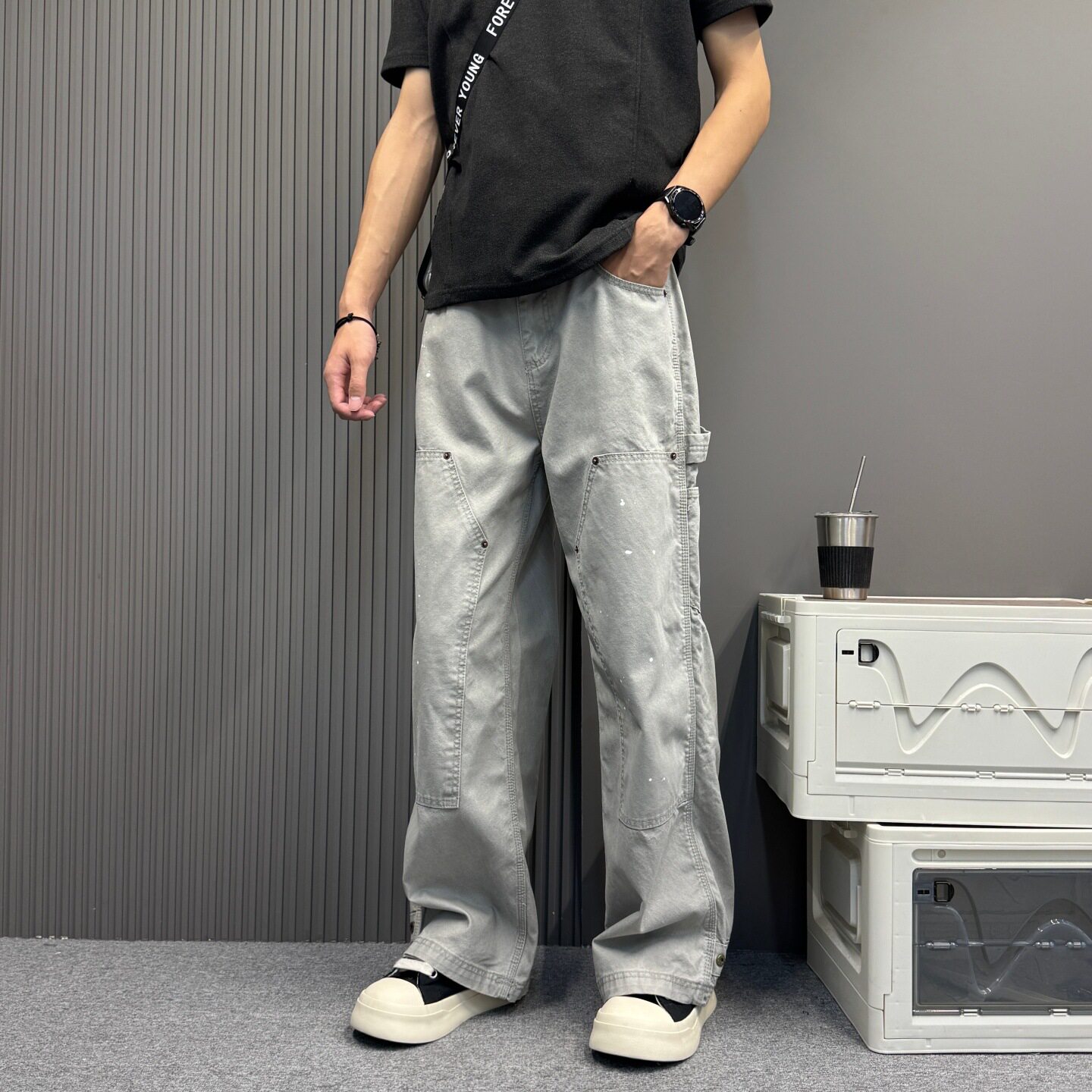 户外通勤风泼墨水洗双膝工装男女款裤烟盒刺绣直筒宽松阔腿伐木裤