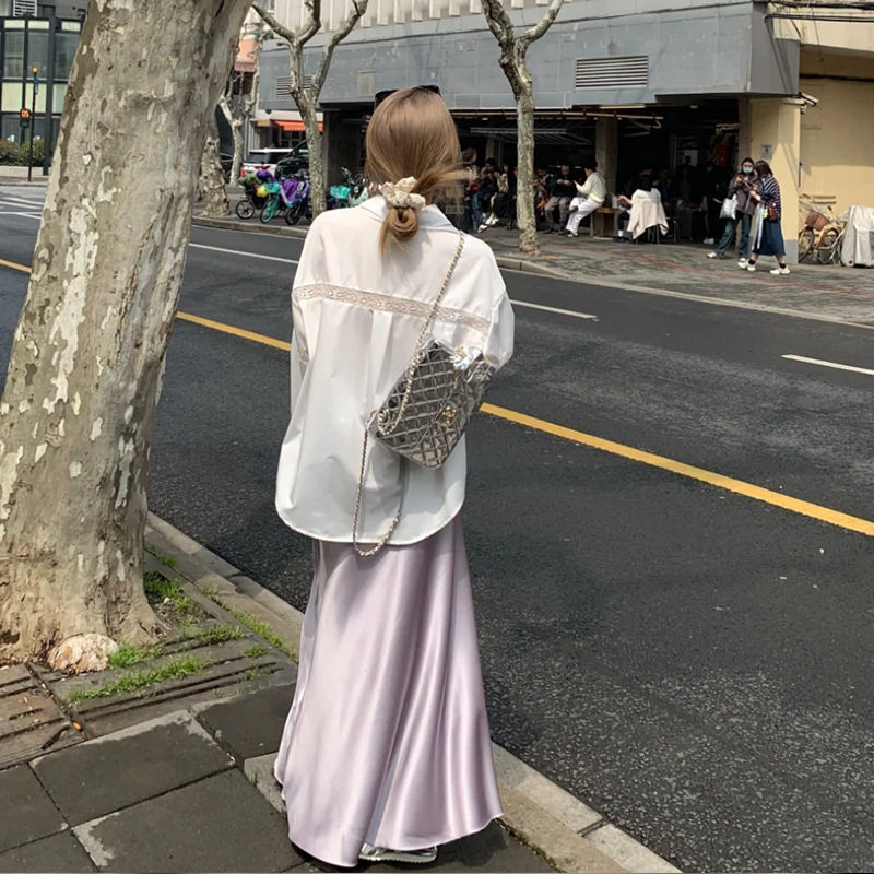 仿醋酸缎面紫色半身裙女夏垂坠感到脚踝长裙显瘦a字鱼尾裙