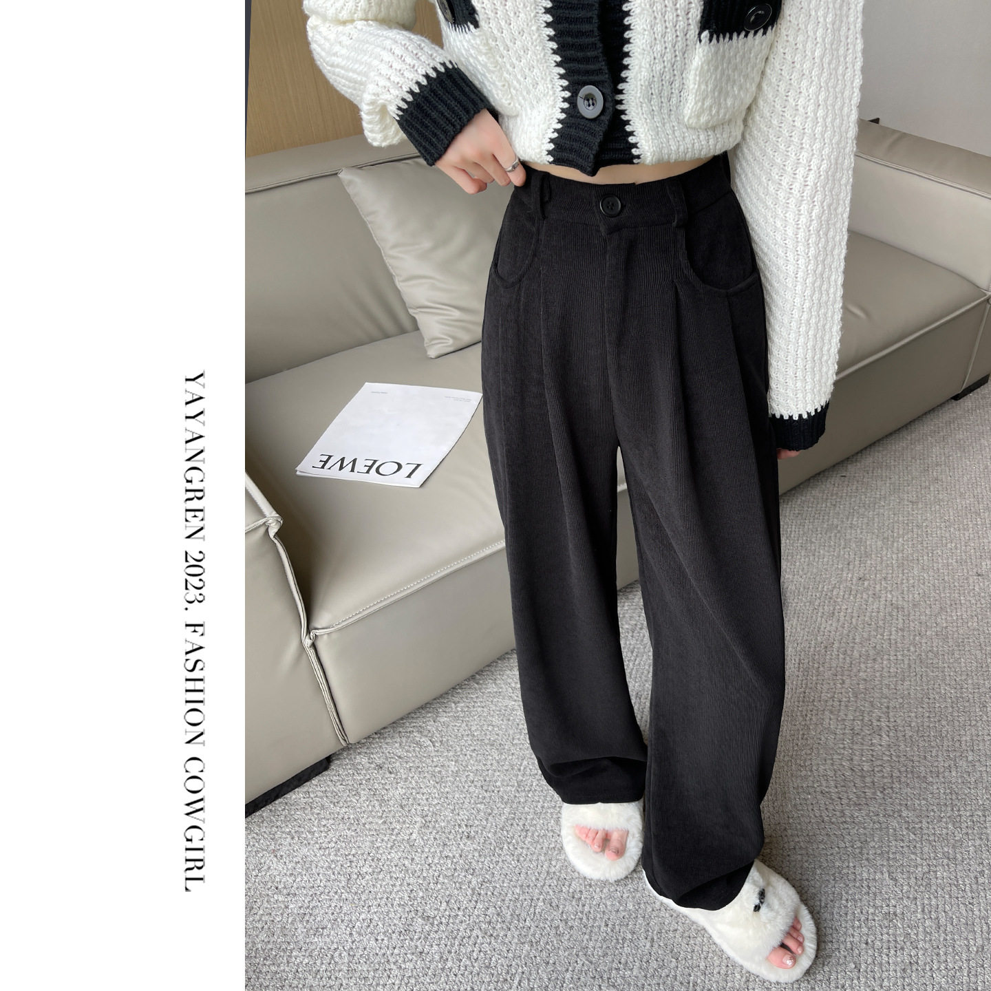 黑色灯芯绒裤子女秋冬高腰宽松垂感阔腿显瘦美拉德直筒加绒西装裤