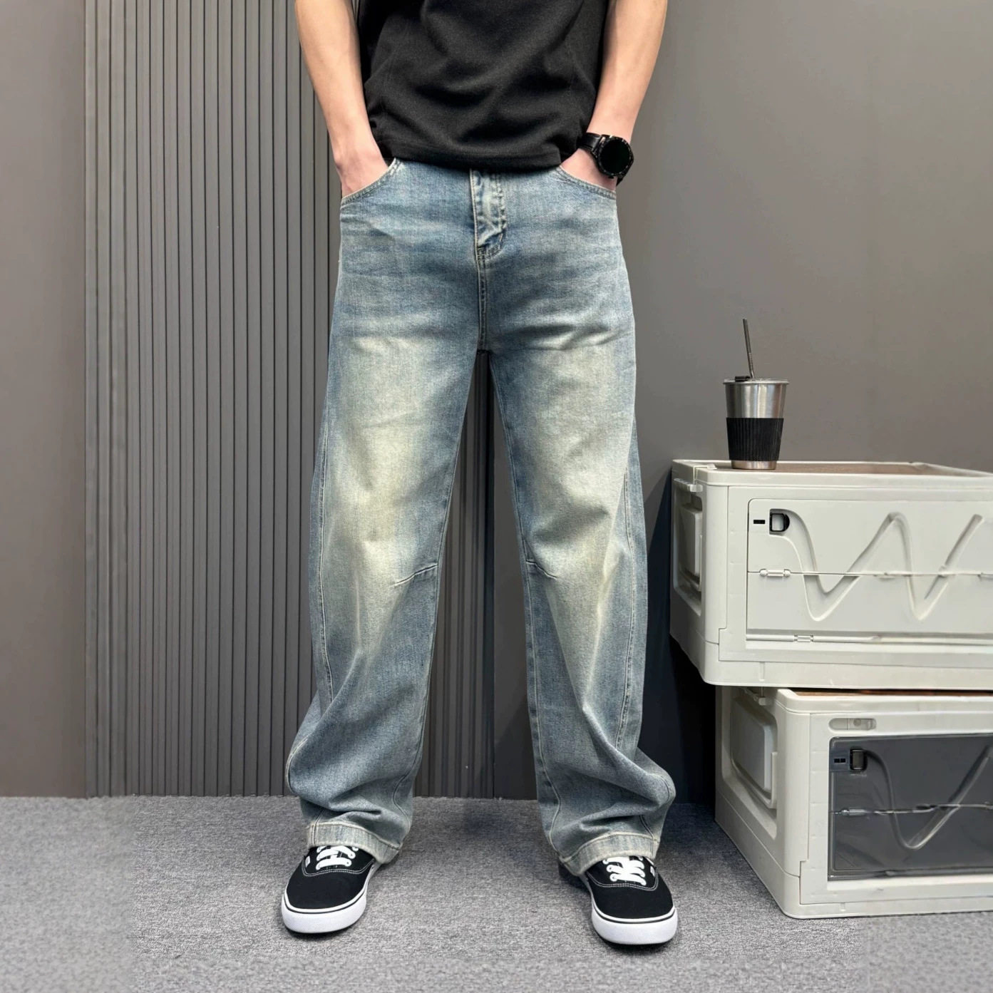 舒适百搭浅蓝工装牛仔裤男宽松休闲直筒裤日常不勒腿显瘦阔腿裤