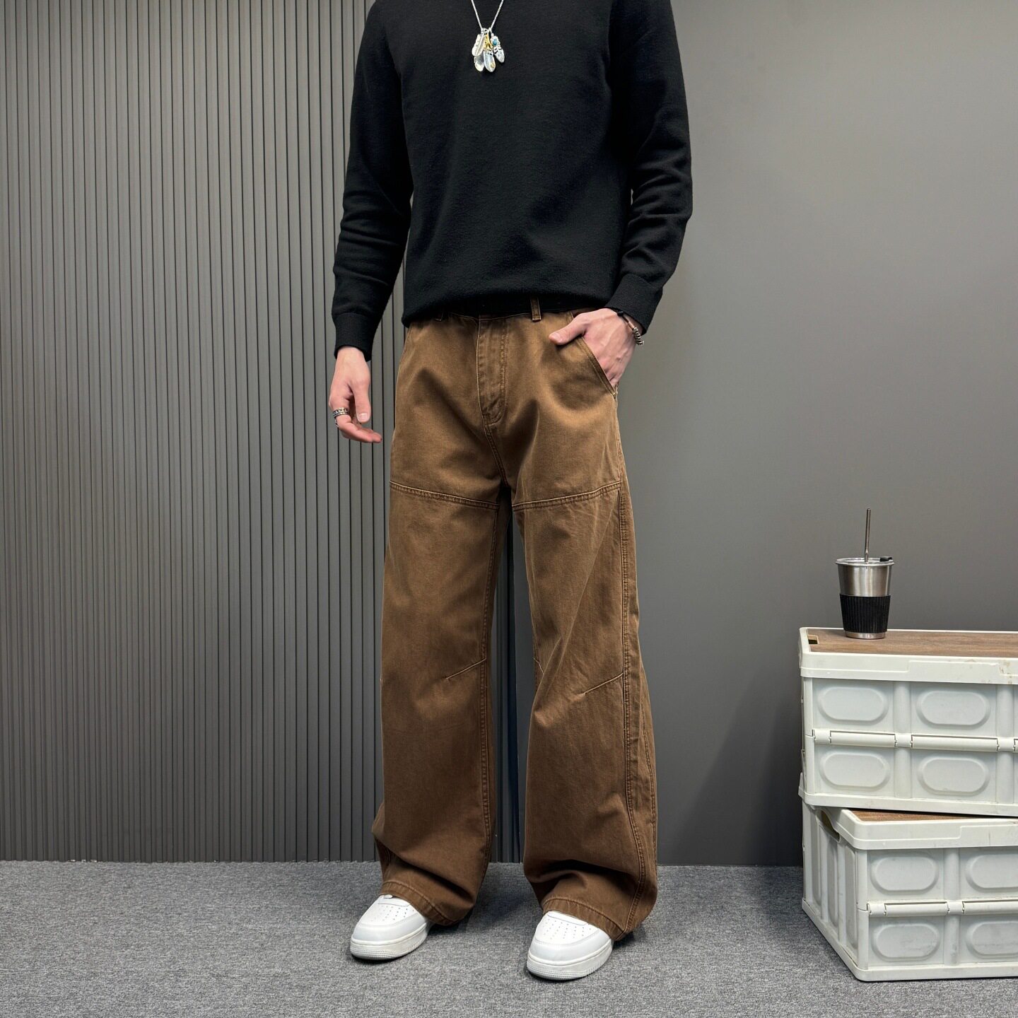 美式复古美拉德棕色水洗弯刀牛仔裤男女中性休闲阔腿百搭高街长裤