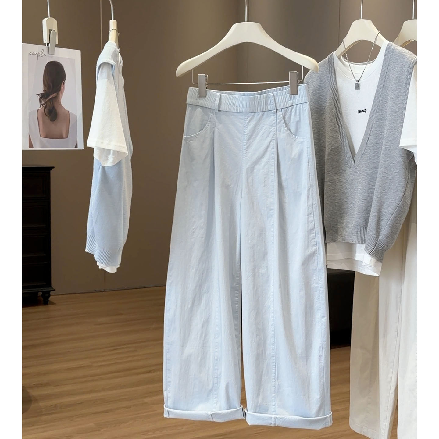 韩系茶白色休闲裤女夏季2026新款高腰宽松百搭直筒阔腿裤九分裤子