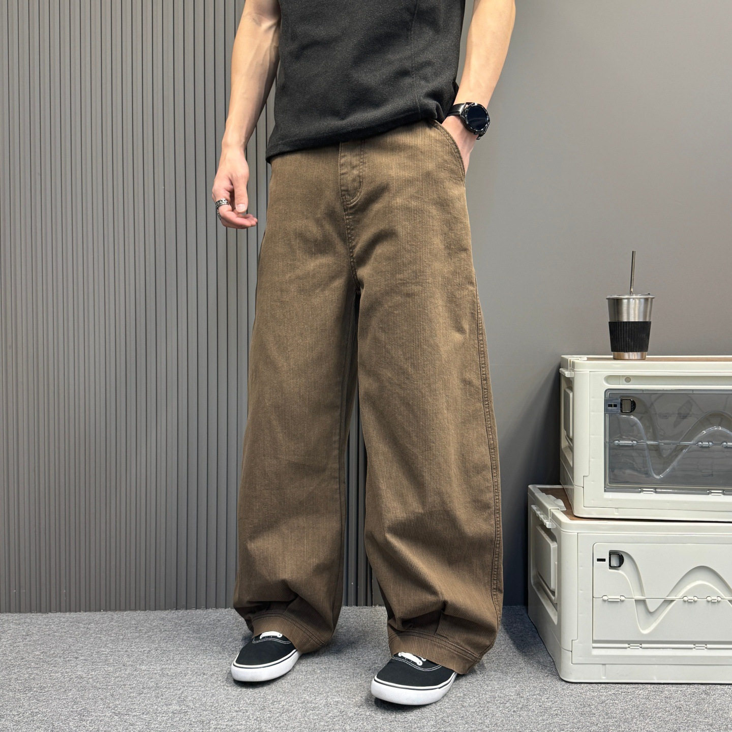 复古棕色弯刀休闲裤男女同款秋冬美拉德宽松简约设计感阔腿裤长裤