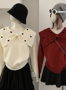 欧玛莱 立体爱心翻领蝴蝶结针织衫女甜美温柔风长袖减龄毛衣 6239