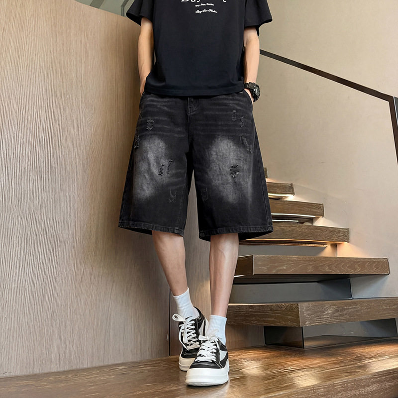 夏季复古做旧水洗破洞牛仔短裤男女宽松酷帅高街直筒休闲五分裤