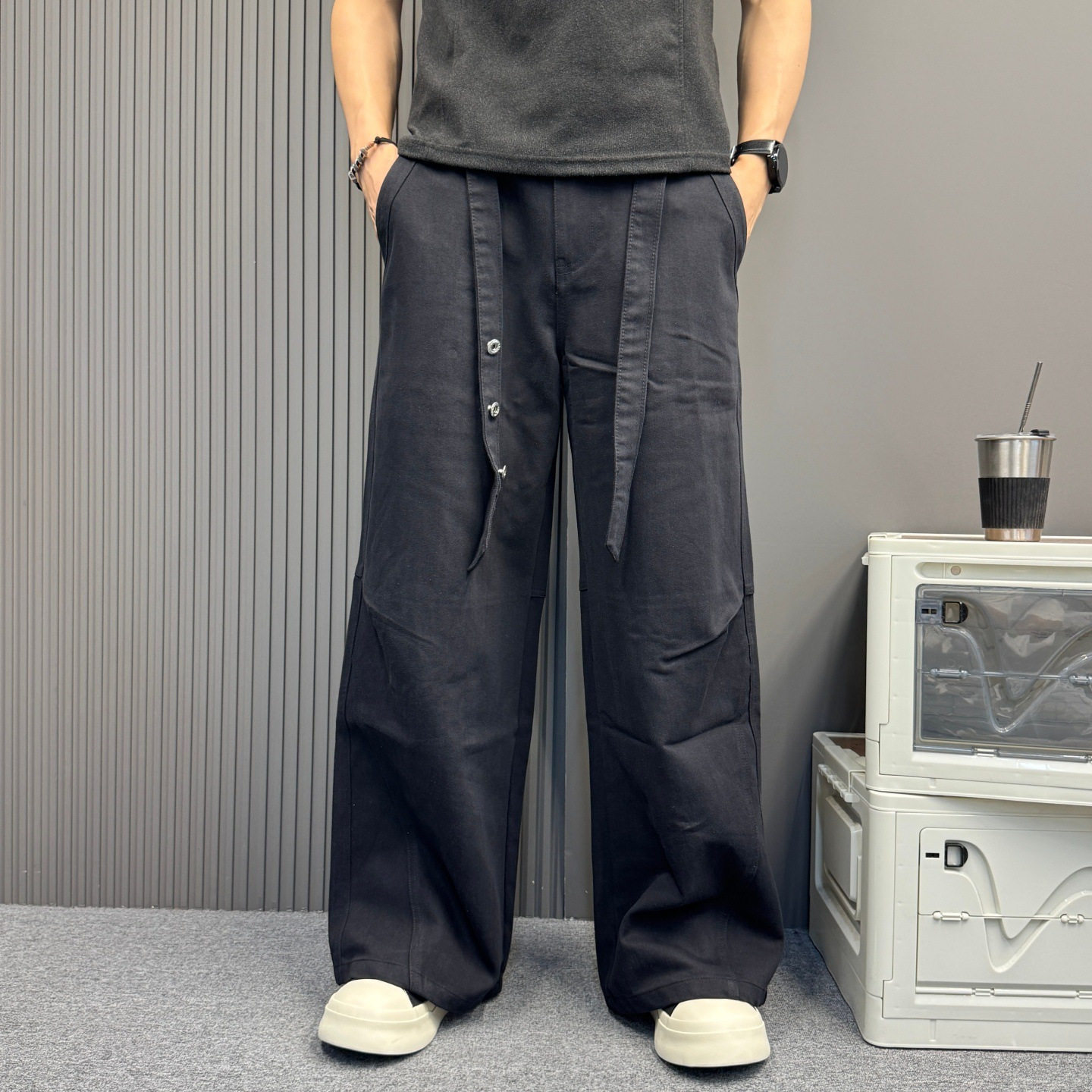 新款百搭通勤高腰复古可拆腰带宽松休闲长裤  男女同款宽松阔腿裤