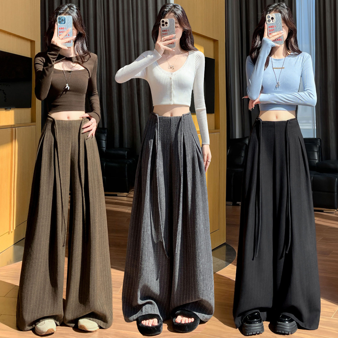 实拍 条纹西装阔腿裤女2026秋季系带设计垂感显瘦大裤腿拖地裤裙