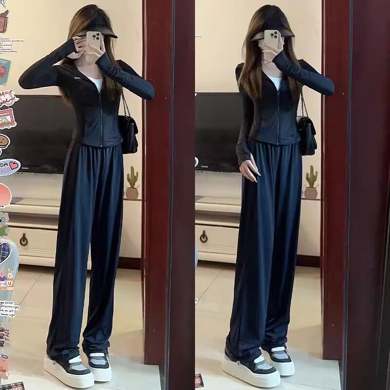 黑色冰丝防晒阔腿裤女2025新款夏季薄款垂感宽松小个子速干运动裤