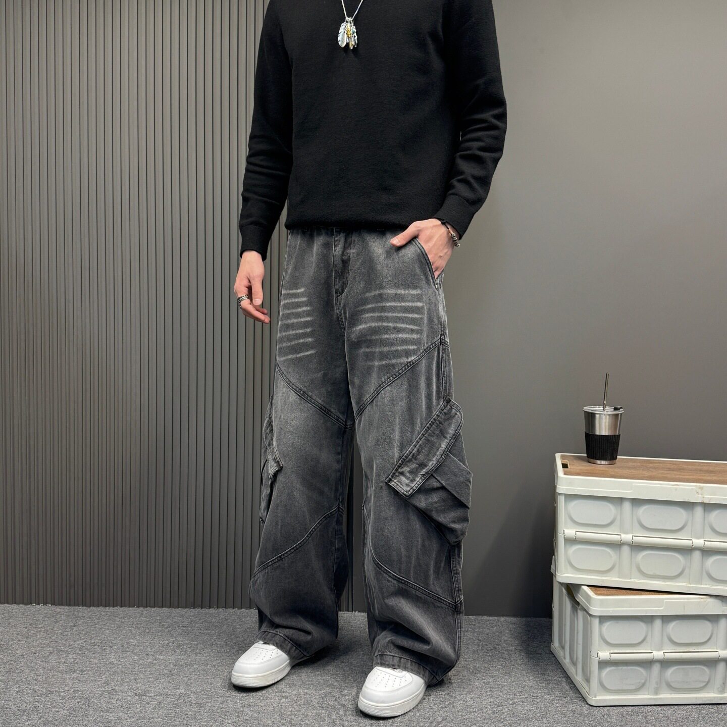 水洗宽松弯刀工装牛仔裤男女中性风2026新款美式复古baggy裤子潮