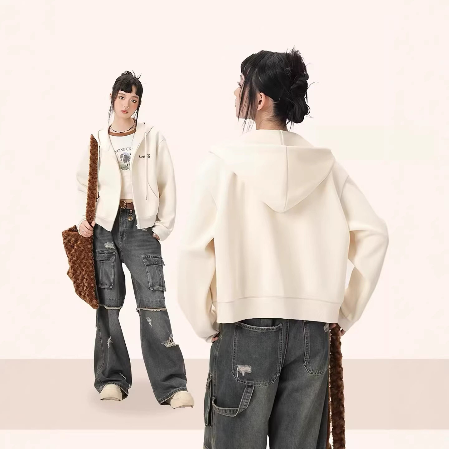 萝卜大叔长袖卫衣外套女连帽款2026新款春季黄色针织拉链开衫上衣