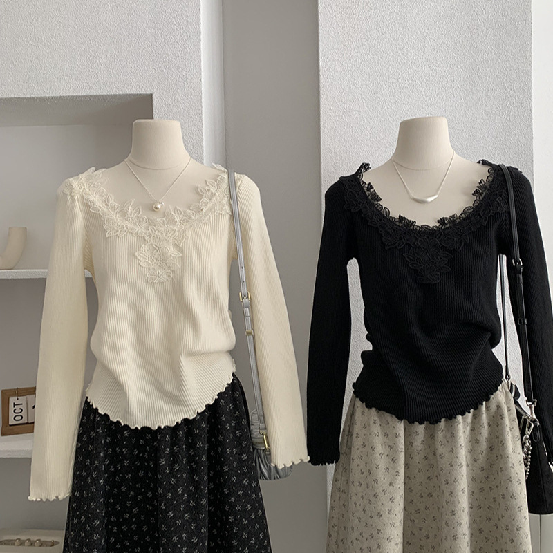 欧玛莱 拼接蕾丝花边U领针织衫女秋冬修身纯欲内搭打底衫上衣5817