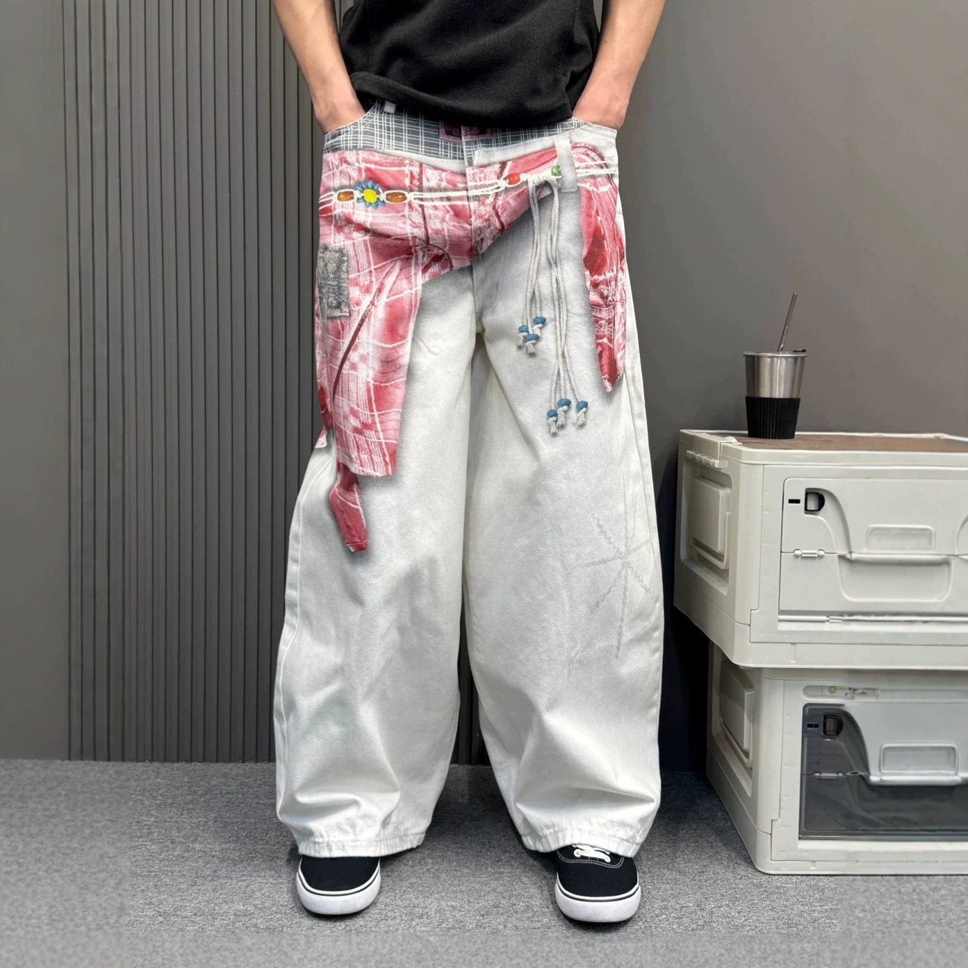 夏季美式高街双腰头假两件牛仔裤男格纹印花白色阔腿宽松直筒长裤