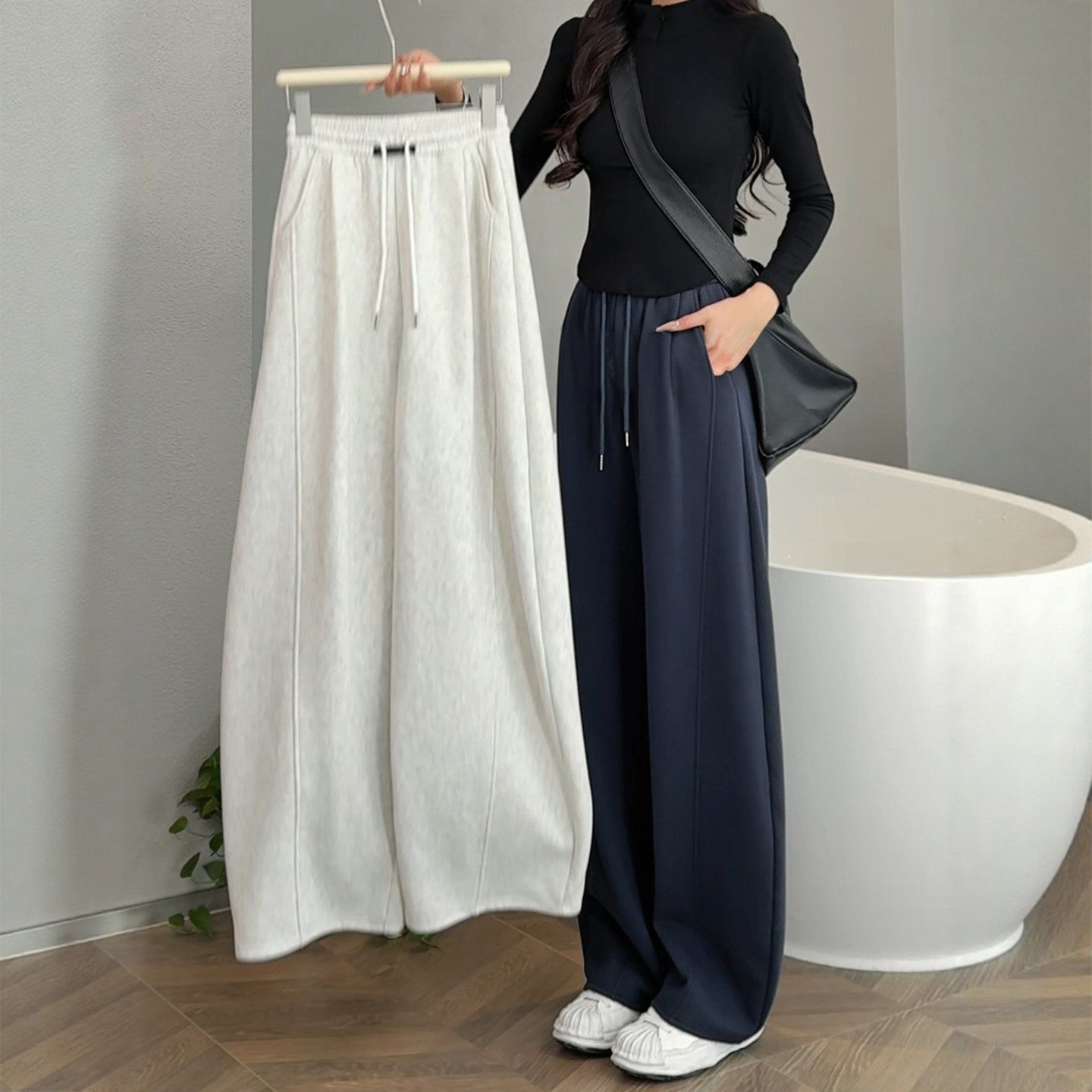 白灰弯刀运动裤子女春秋2026年新款小个子胖mm大码高腰显瘦阔腿裤