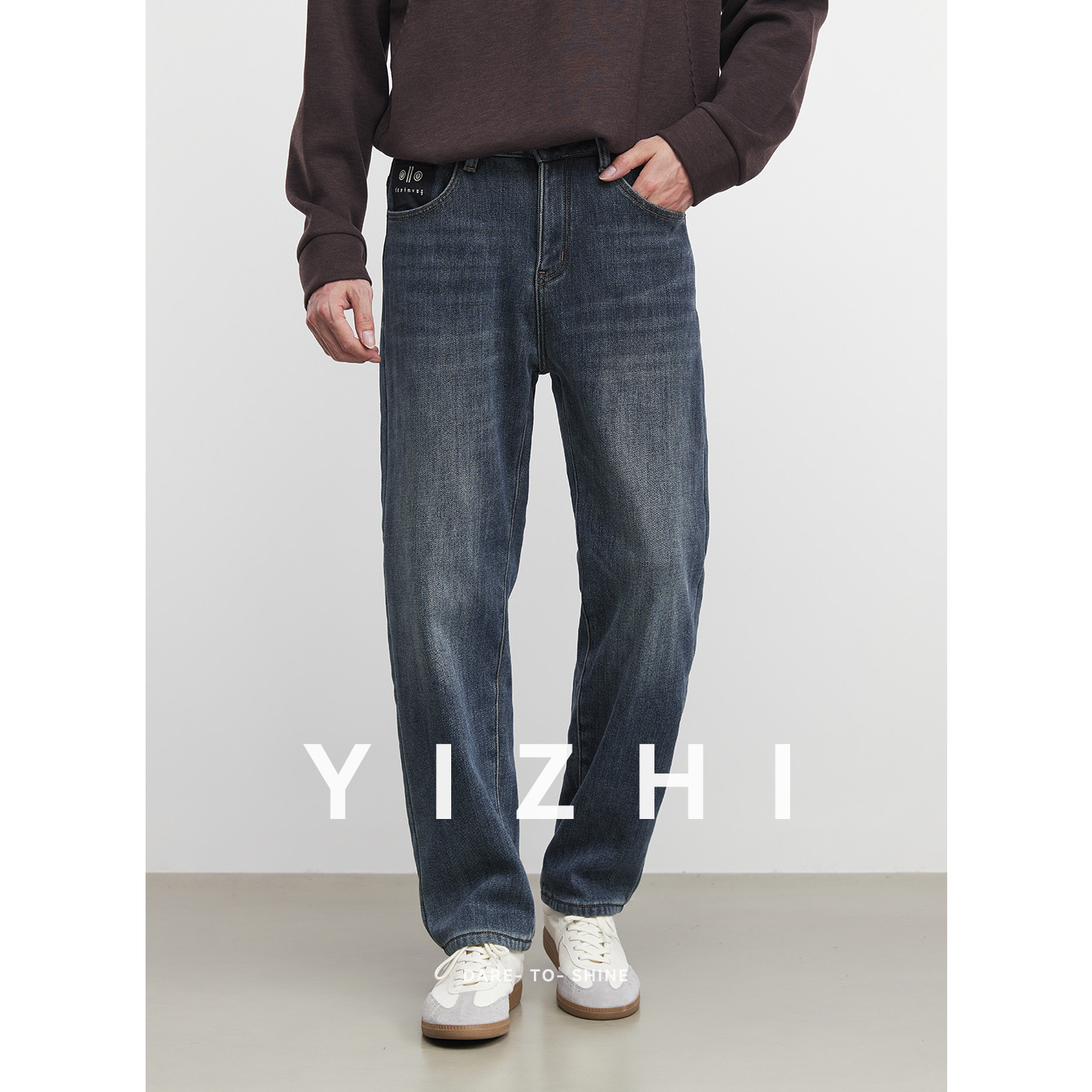 亦止『牛廓』复古做旧加绒直筒牛仔裤男秋冬季微弹宽松休闲长裤