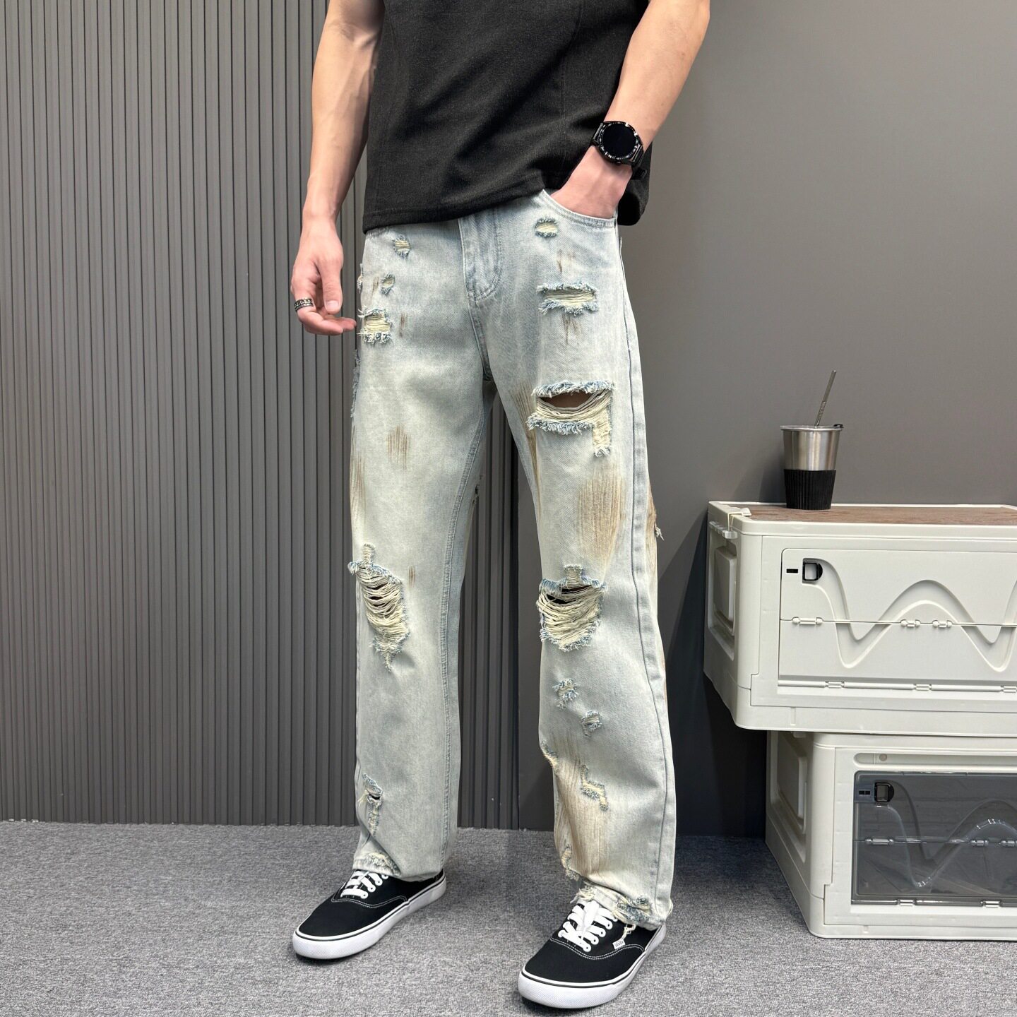 高街个性印染牛仔裤男宽松破洞复古乞丐长裤2026春夏季新款阔腿裤