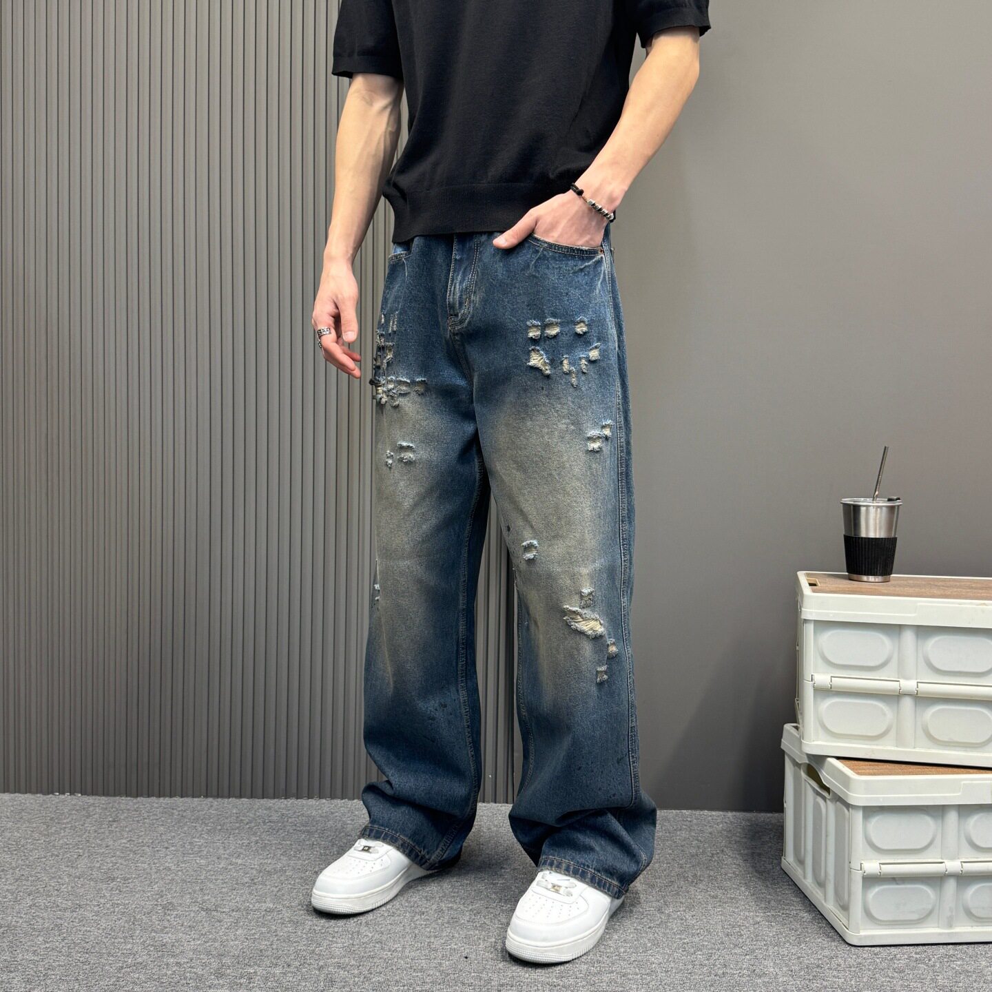 痞帅美式休闲拼接设计弯刀工装牛仔裤男款潮牌宽松直筒阔腿长裤子