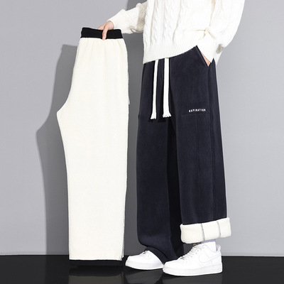 定制加绒加厚裤子男士秋冬季羊羔绒棉裤宽松直筒冬天运动休闲长裤