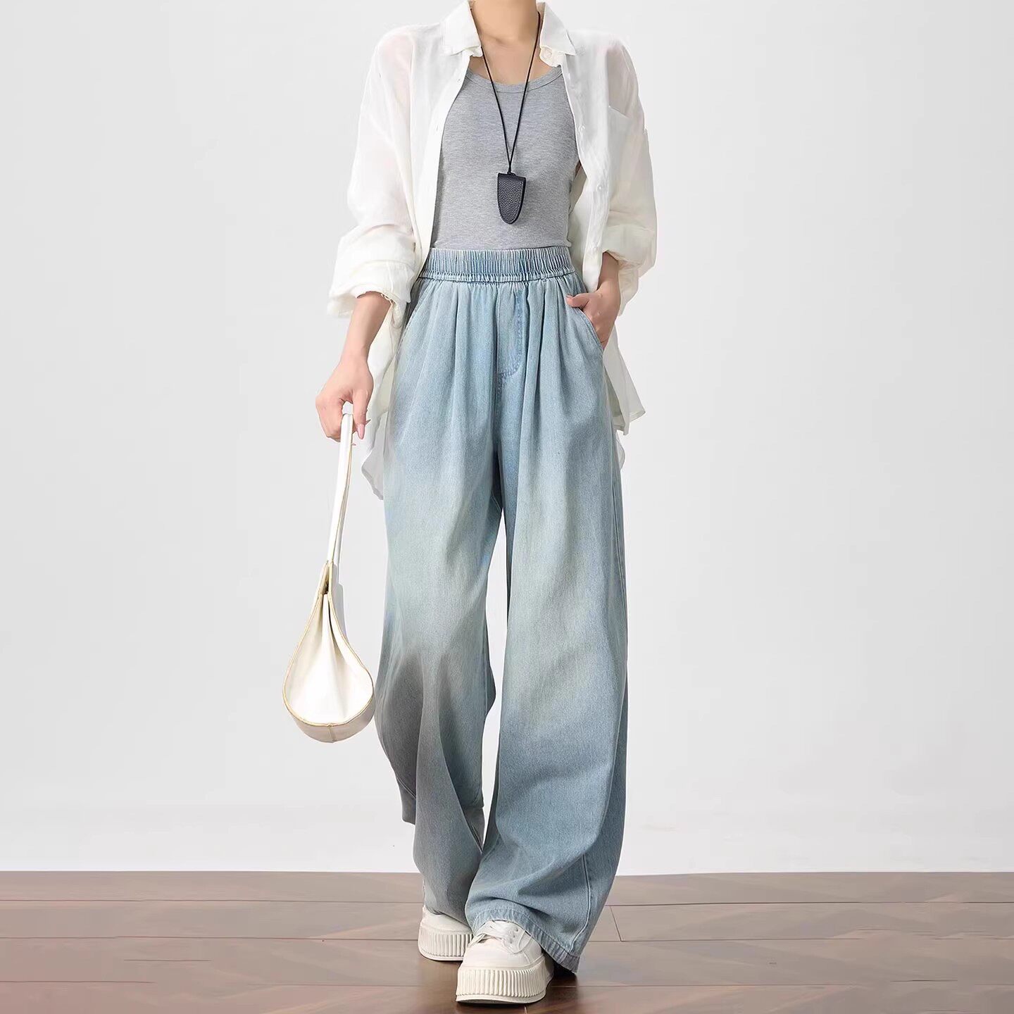 天丝牛仔裤女夏季薄款松紧腰胖mm大码宽松阔腿小个子窄版直筒裤子