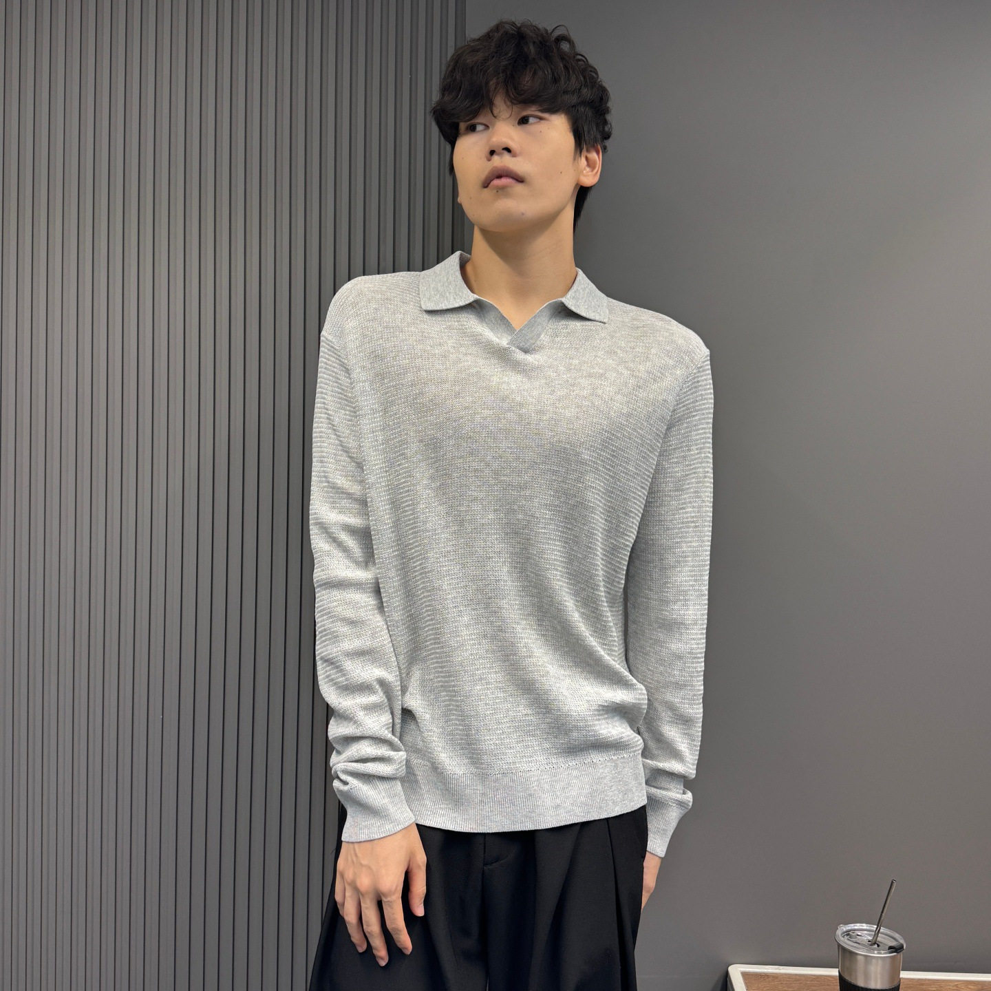 静谧老钱风V形门襟高端密织polo领毛衣 男士针织衫秋冬季新款休闲