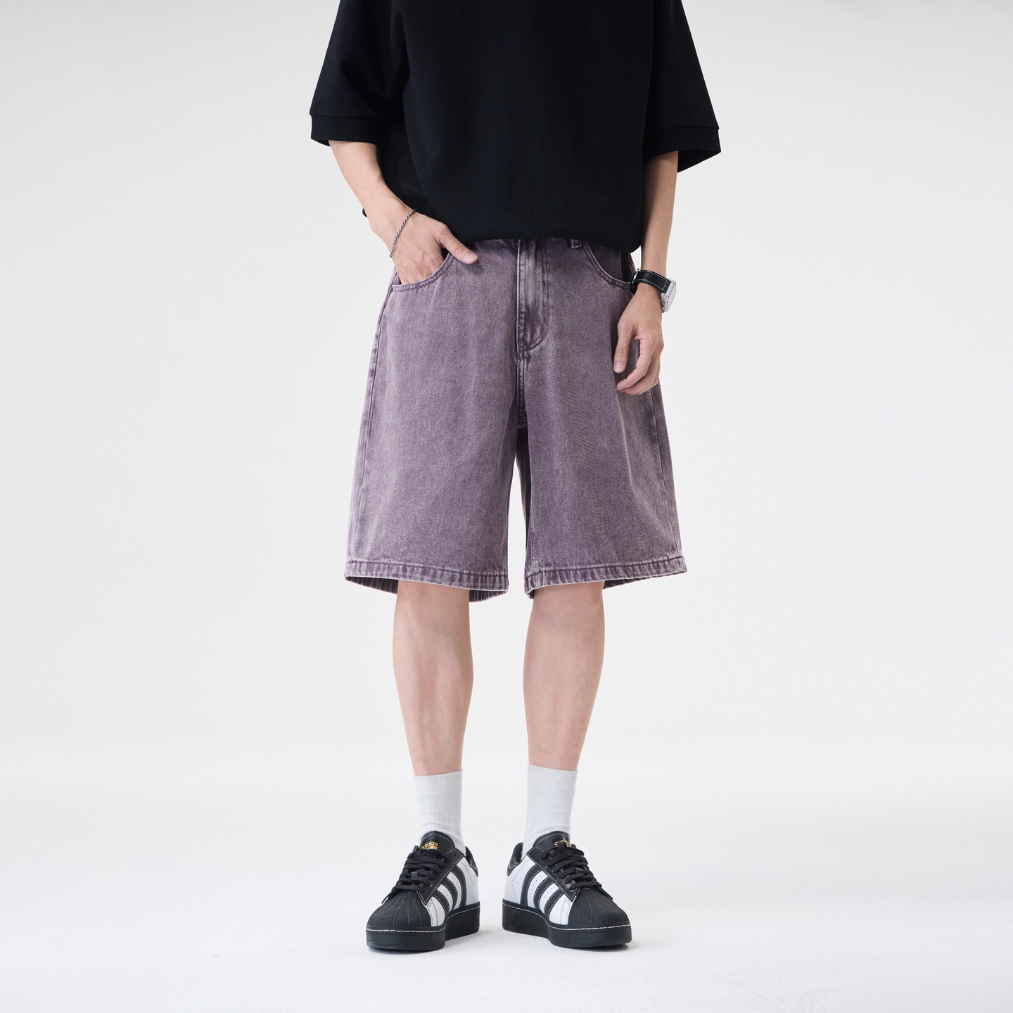 高端潮牌紫色牛仔短裤男士夏季宽松直筒阔腿时尚复古工装五分裤男
