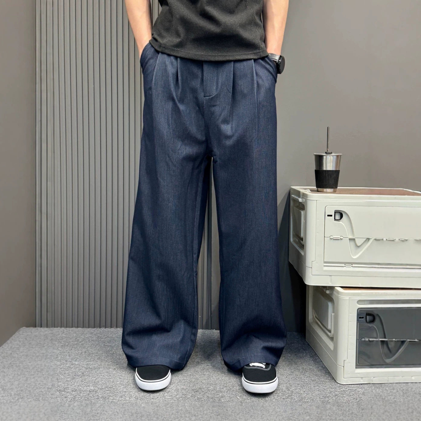 深蓝色垂感阔腿牛仔裤男士夏季宽松直筒显瘦高街风百搭拖地休闲裤