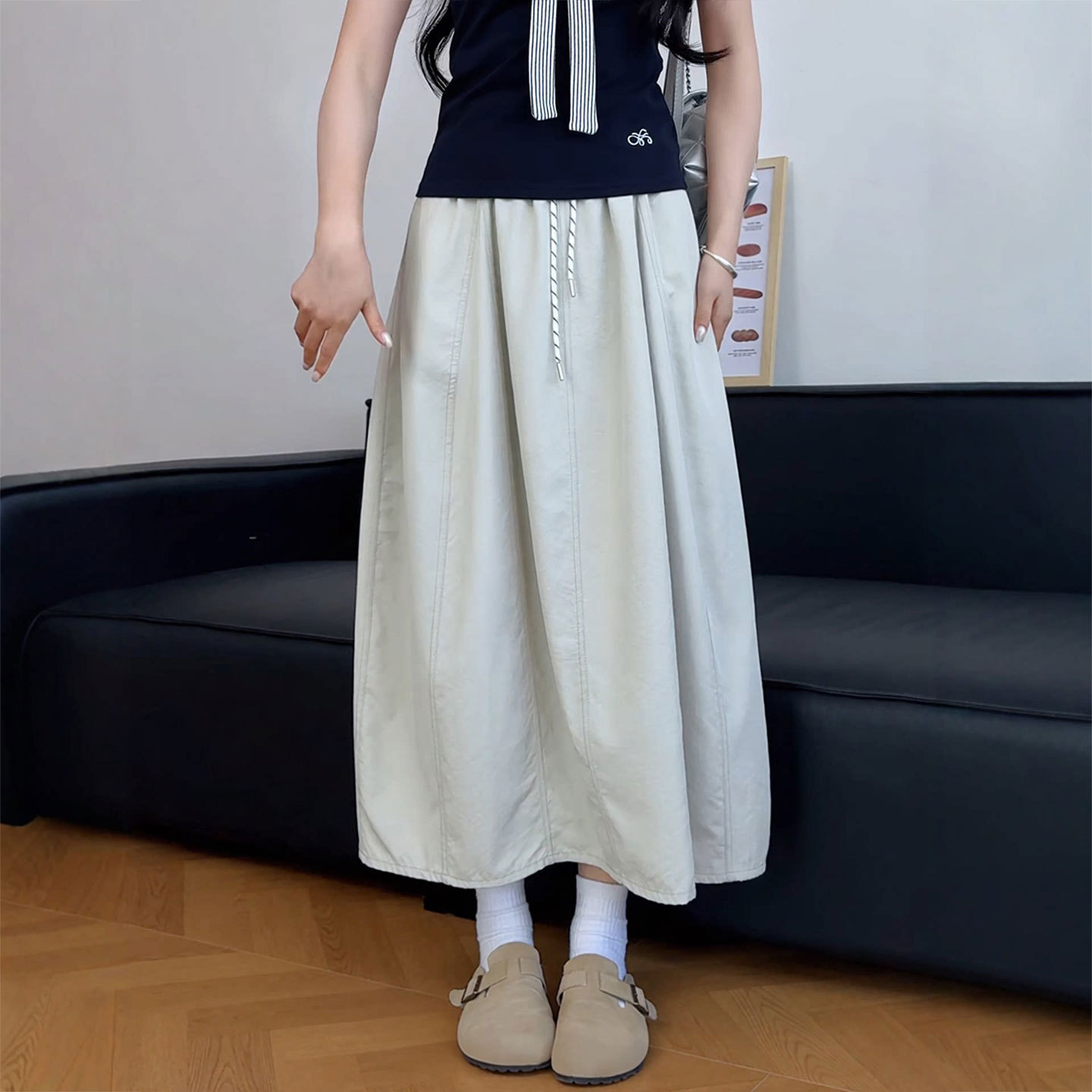 浅卡其工装半身裙女夏季新款梨型身材遮跨显瘦a字伞裙南瓜长裙子