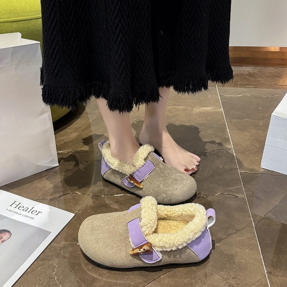 棉鞋绒毛内增高一脚蹬绒口懒人豆豆鞋秋冬毛毛鞋女加软底时尚外穿