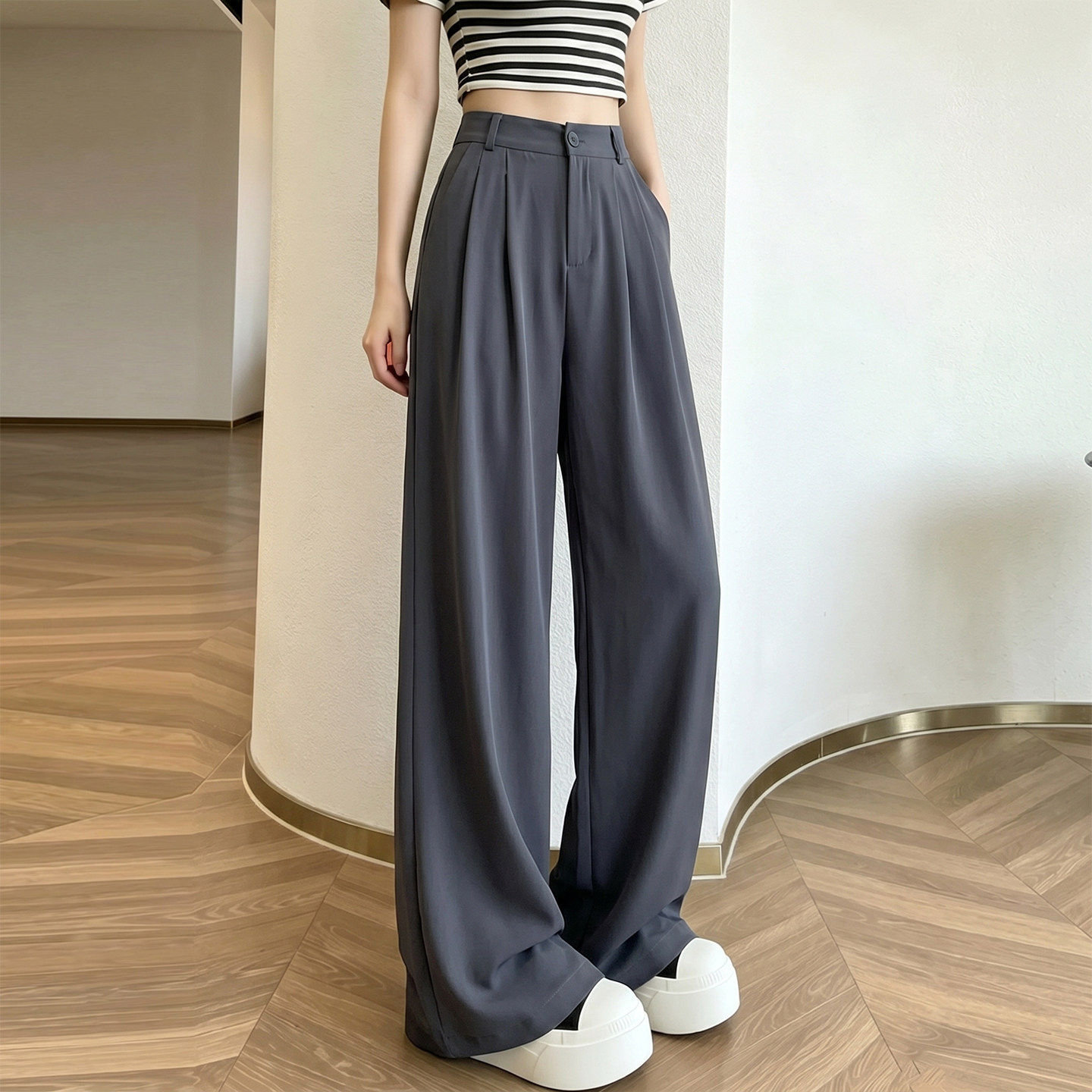 灰色西装裤女2026新款夏薄款高级感垂感小个子窄版阔腿冰丝直筒裤