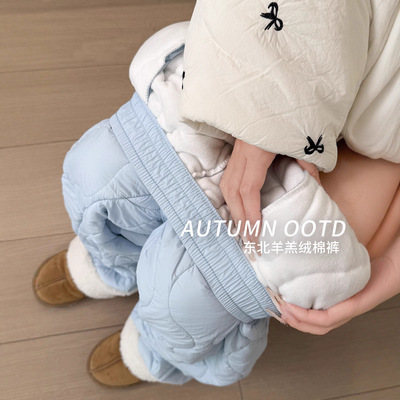 蓝色东北棉裤女秋冬季外穿加厚保暖哈尔滨防风防寒滑雪加绒阔腿裤