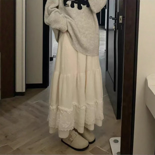 大码白色加厚毛绒半身裙女秋冬季蕾丝蛋糕裙半裙胖mm遮肚子长裙子