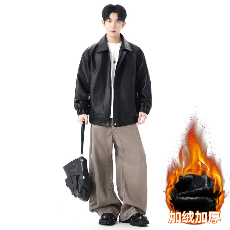 款皮衣男春季男士韩版修身翻领外套时尚男上衣防风休闲加绒夹克男